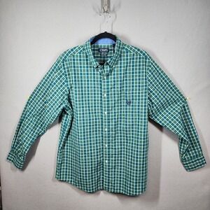 Chaps Shirt‎ Mens Large Green Blue Plaid Button Down Easy Care Crest Logo Pocket